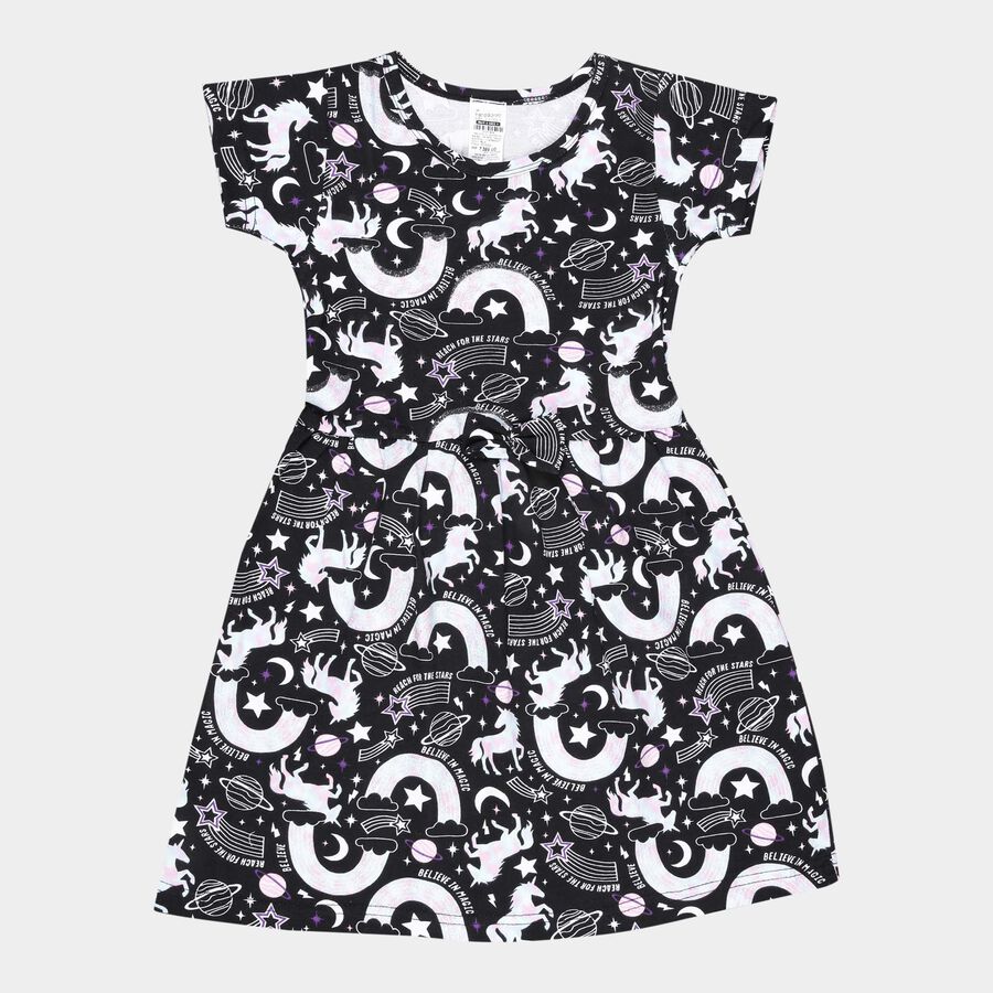 Girls Cotton Printed Frock, Black, large image number null