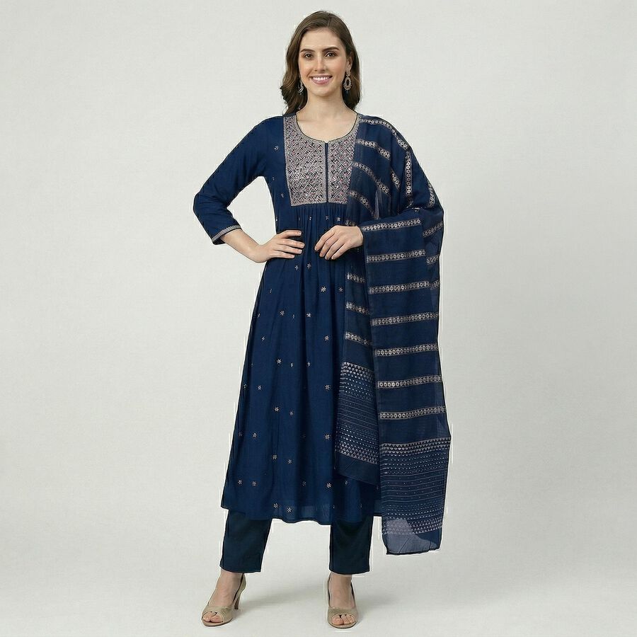 Women's Midnight Navy Classic Ethnic Set, टील ब्लू, large