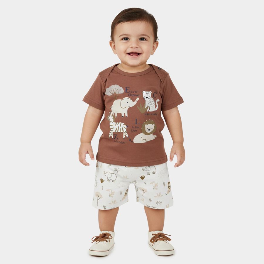 Infants' Brown Cotton Round Neck Animal Print Baba Suit, Brown, large