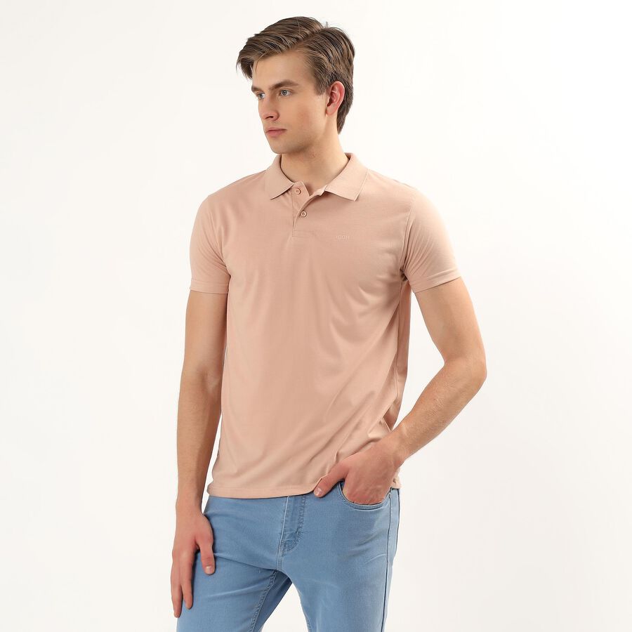 Men's Beige Polo Neck Solid T-Shirt, Beige, large