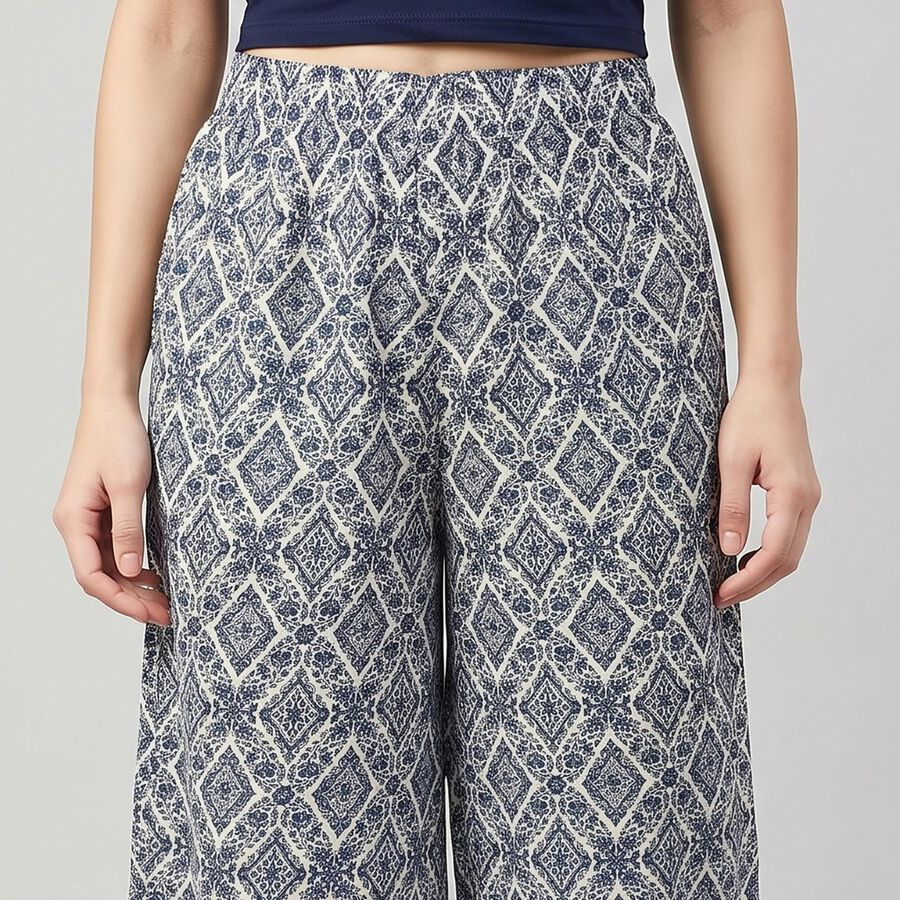 Women's Blue Geometric Printed Palazzos, मध्यम नीला, large