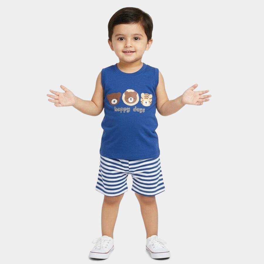 Infants' Blue 100% Cotton Round Neck Animal Printed Baba Suit, रॉयल ब्लू, large
