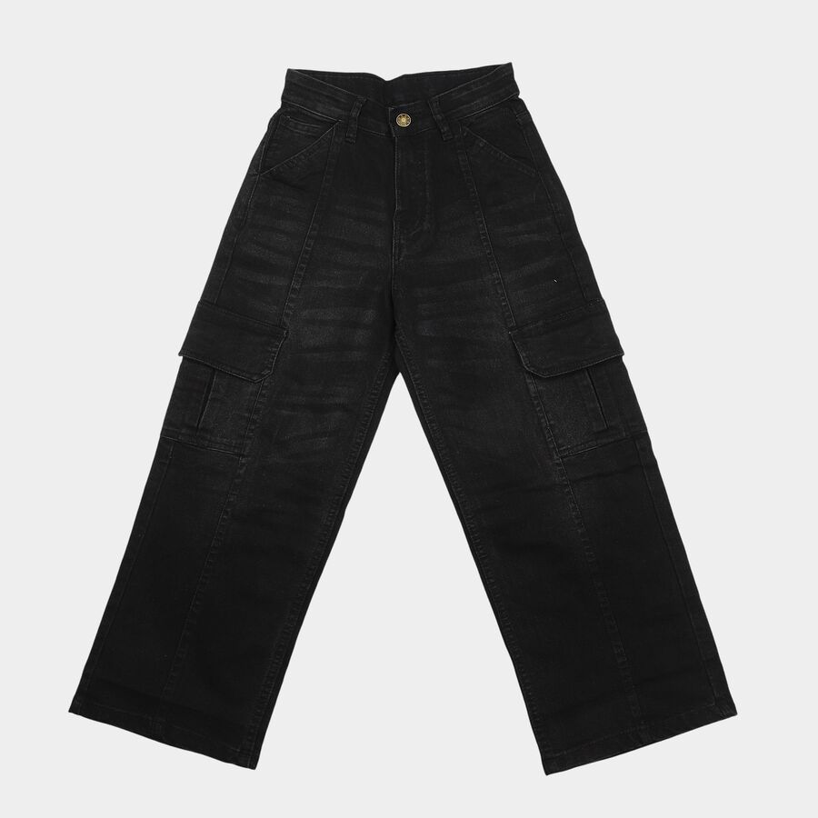 Girls' Black Relaxed Fit Cargo Jeans, Black, large