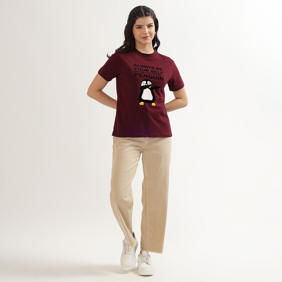 Women's Deep Maroon Round Neck Graphic Print T-Shirt, Wine, large image number null
