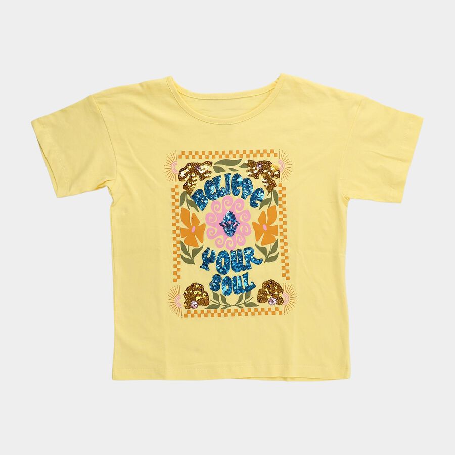 Girls' Yellow Cotton Round Neck Graphic Printed T-Shirt, पीला, large