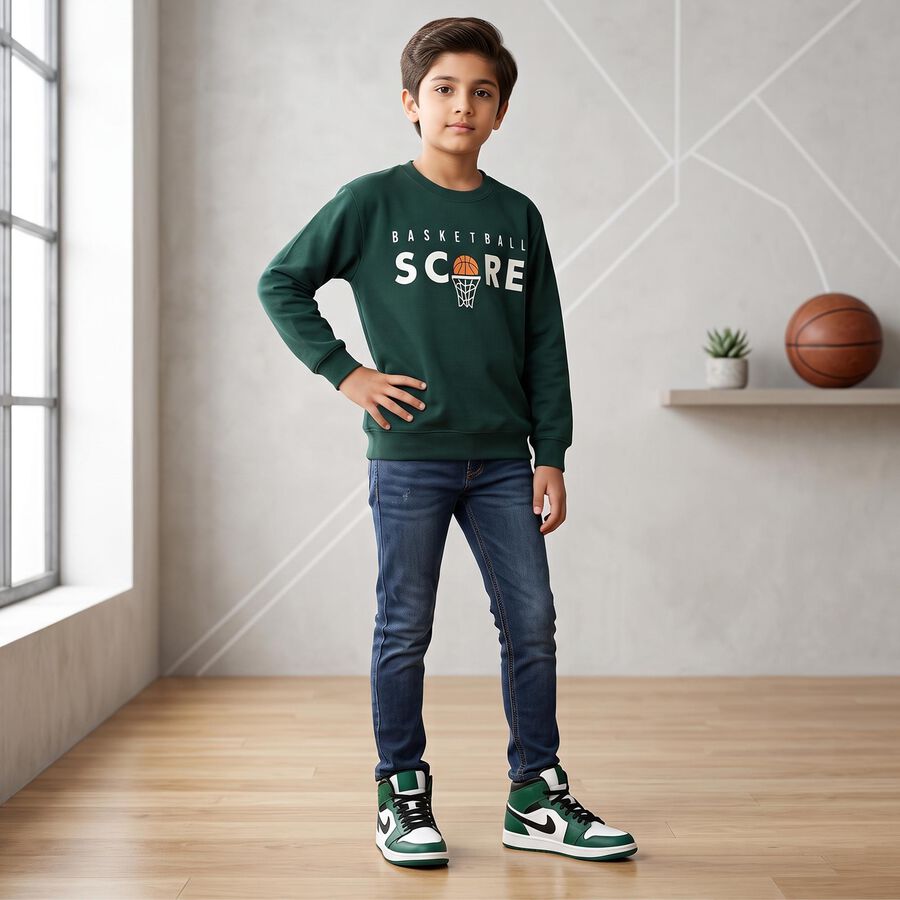 Boys' Green Crew Neck Graphic Print Sweatshirt, Dark Green, large