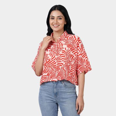 Women's Red Classic Collar Floral Printed Casual Shirt