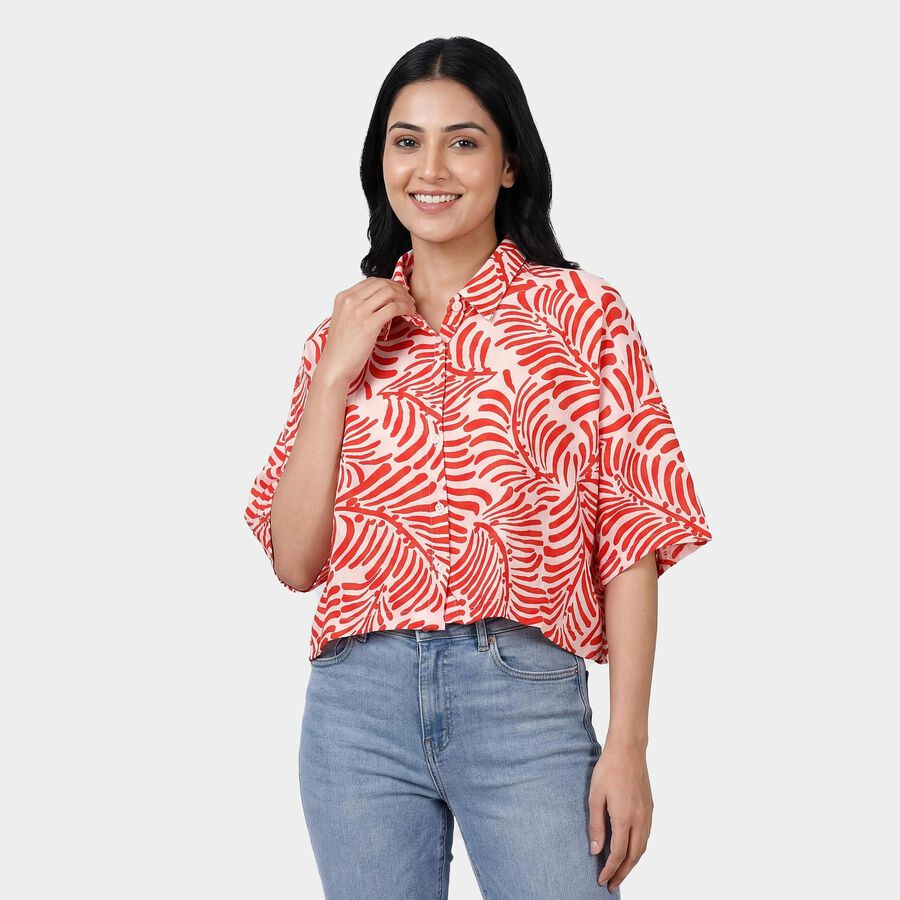 Women's Red Classic Collar Floral Printed Casual Shirt, Red, large