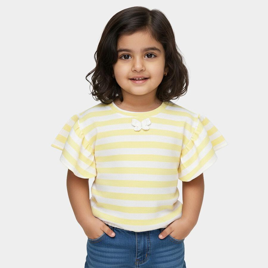 Girls Yellow Round Neck Ruffled Striped T-Shirt, Yellow, large