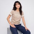 Women Beige Round Neck Regular T-Shirt, गहरा पीला, small