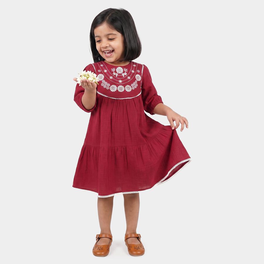 Girls' Maroon Tiered Embroidered Yoke Frock, वाइन, large