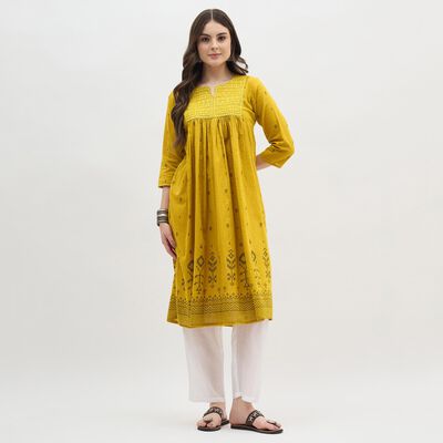 Women's Mustard Yellow Notch Neck Embroidered Kurti