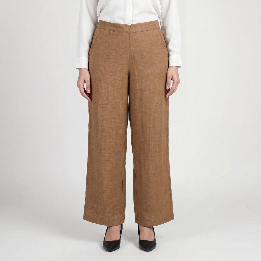 Women's Beige Regular Fit Solid Trousers, गहरा पीला, large