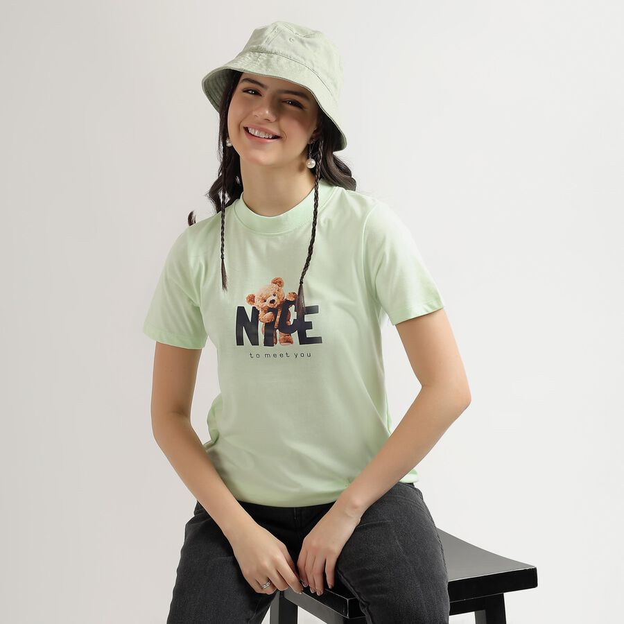 Women's Light Green Round Neck Graphic Print T-Shirt, Neon Green, large image number null