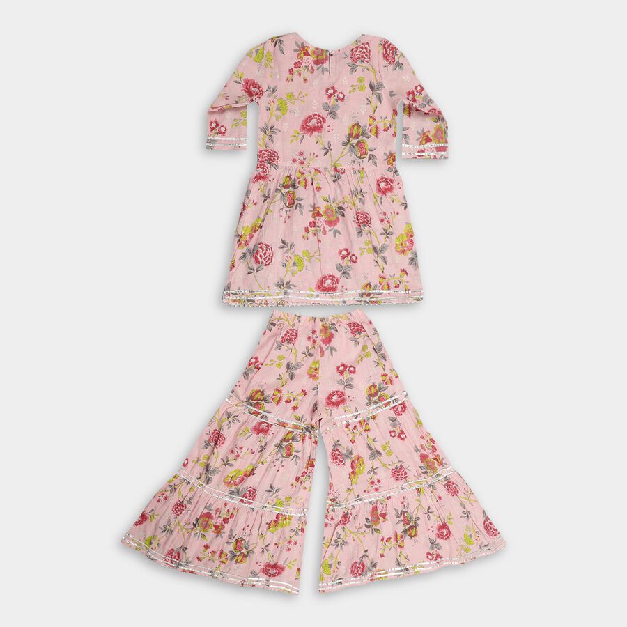 Girls' Light Pink Cotton V-Neck Three fourth Sleeve Floral Top and Palazzo Fusion Set, Light Pink, large image number null