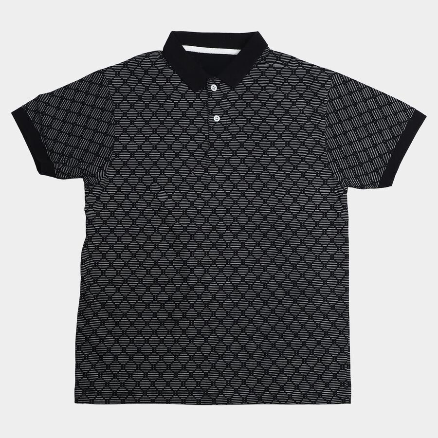 Men's Navy Blue Cotton Polo Neck Printed T-Shirt, नेवी ब्लू, large