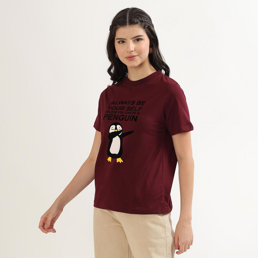 Women's Deep Maroon Round Neck Graphic Print T-Shirt, Wine, large image number null