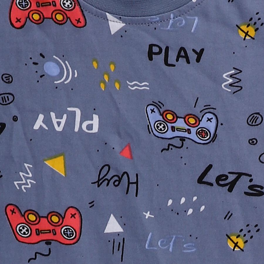 Boys' Blue Cotton Round Neck Printed Baba Suit, Dark Grey, large