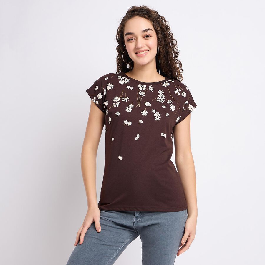 Ladies' Round Neck T-Shirt, भूरा, large