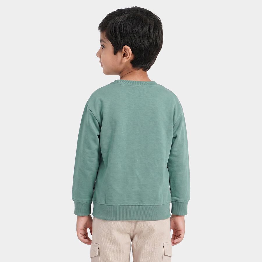 Boys' Green Crew Neck Graphic Print Sweatshirt, गहरा हरा, large