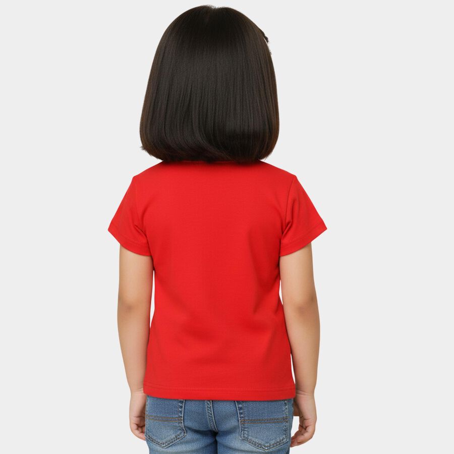 Girls' Red Cotton Blend Round Neck Casual Printed T-Shirt, Red, large