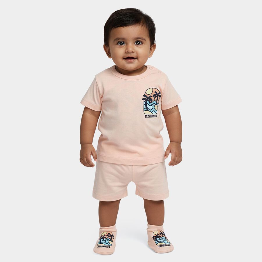 Infants' Peach 100% Cotton Round Neck Hawaii Printed Baba Suit, Peach, large