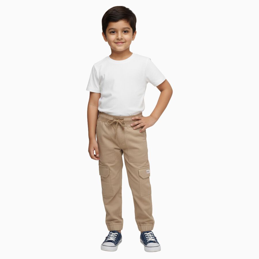 Boys Beige Regular Fit Cargo Trousers with Elastic Waist, Beige, large image number null