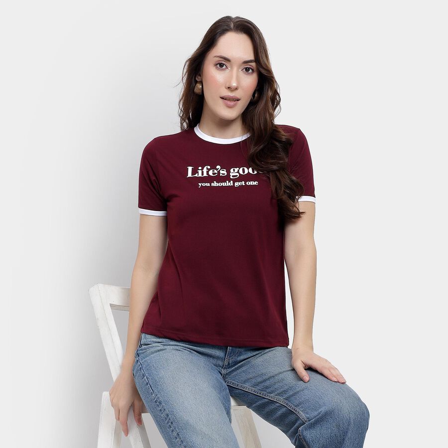Ladies' Round Neck T-Shirt, वाइन, large image number null