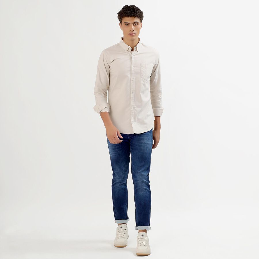 Men's Light Beige Cotton Button-Down Casual Shirt, Beige, large image number null