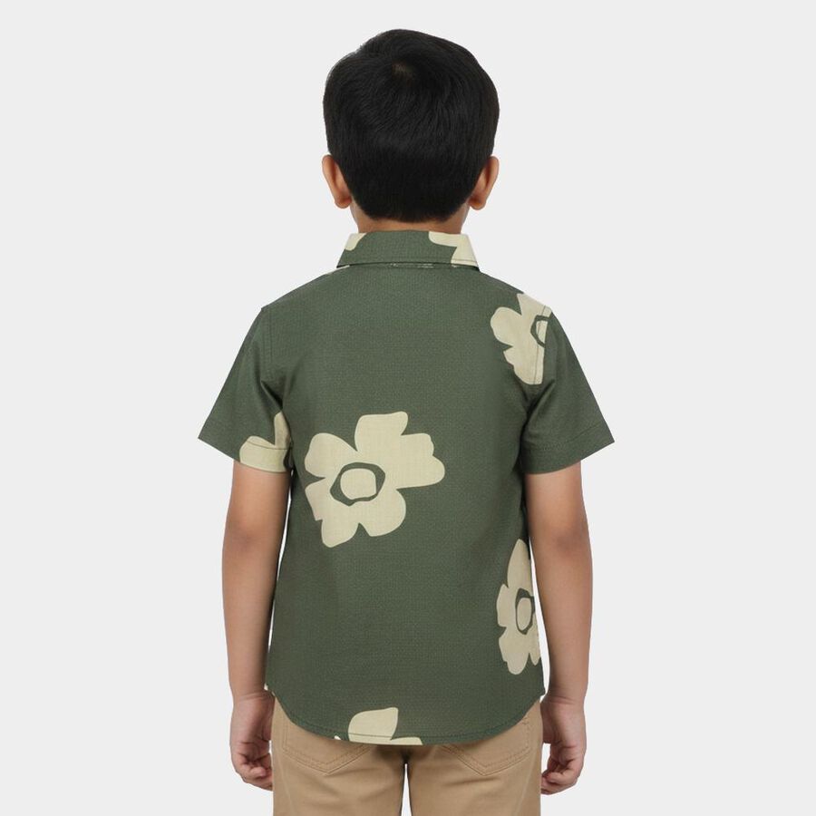 Boys Olive Green Cotton Floral Regular Fit Casual Shirt, Olive, large