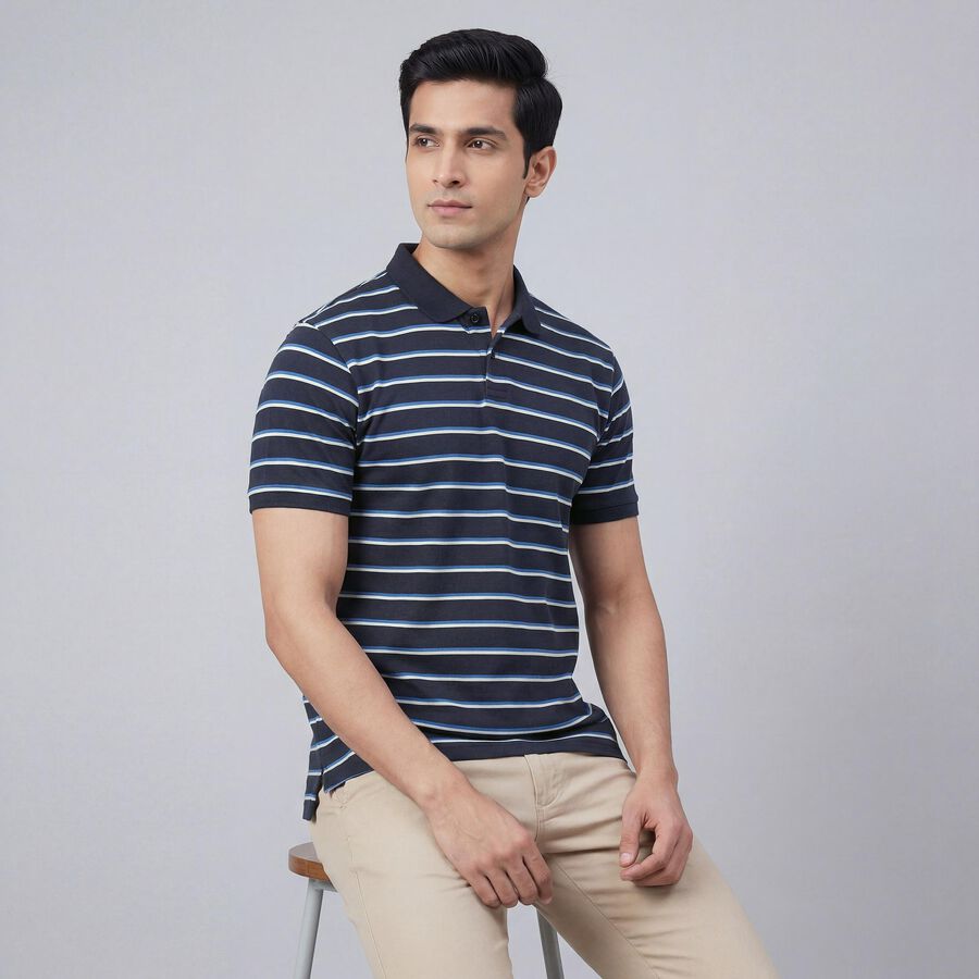 Men's Navy Blue Polo Collar Casual T-Shirt, नेवी ब्लू, large