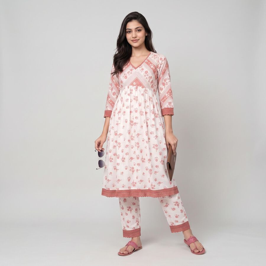 Women's Pink V-Neck Floral Printed Kurta, Light Pink, large