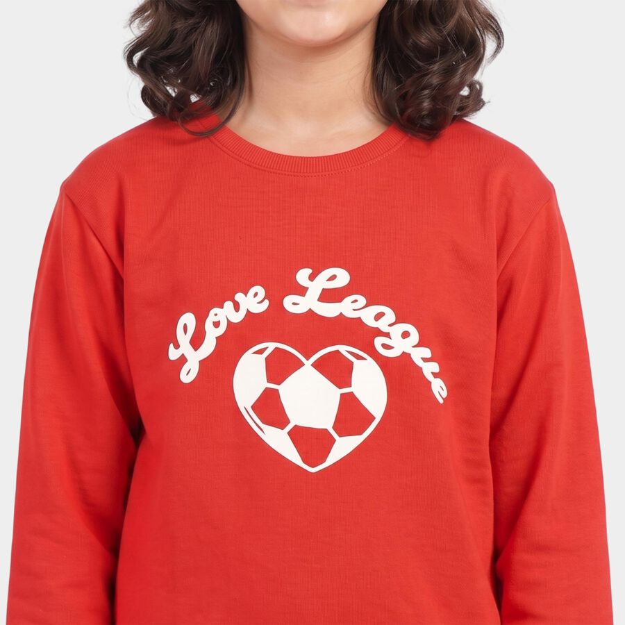Girls' Red Crew Neck Graphic Print Sweatshirt, लाल, large