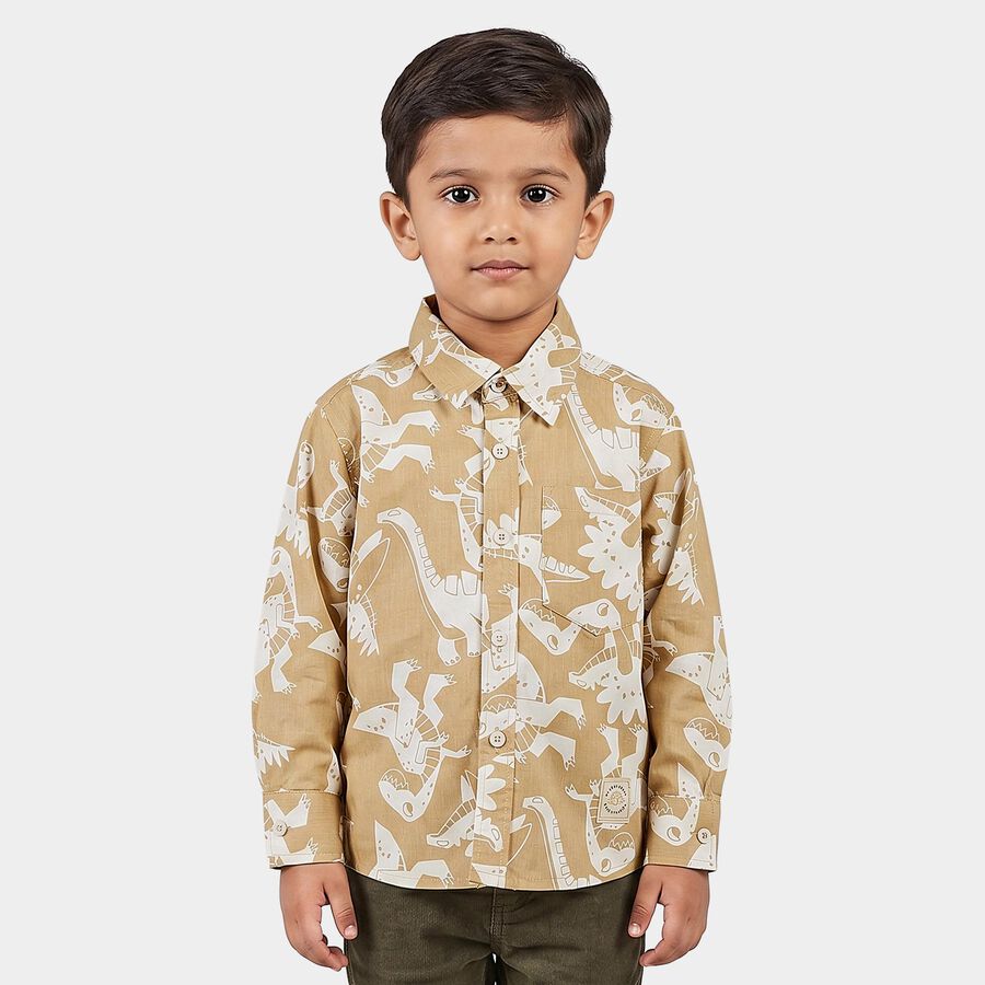 Boys Beige Cotton Printed Regular Fit Shirt, Beige, large