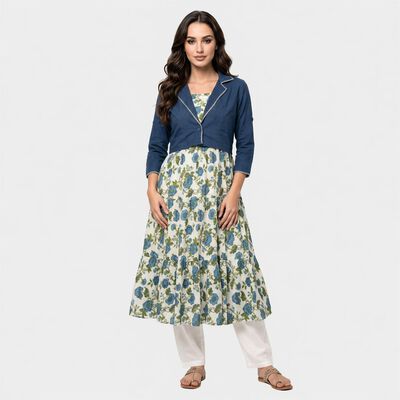 Women's Teal Blue Cotton Square Neck Floral Kurta