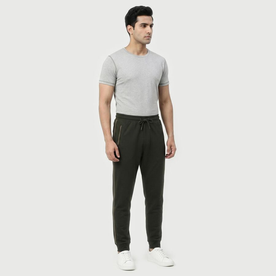 Men's Olive Green Jogger Fit Side-Striped Track Pants, ओलिव, large