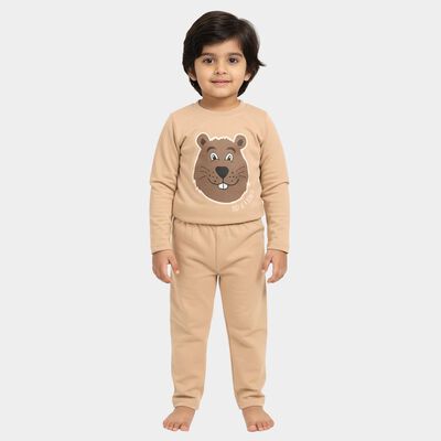 Boys' Beige Round Neck Cartoon Print Baba Suit