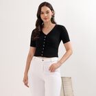 Women's Jet Black V-Neck Casual Crop Top, Black, small image number null