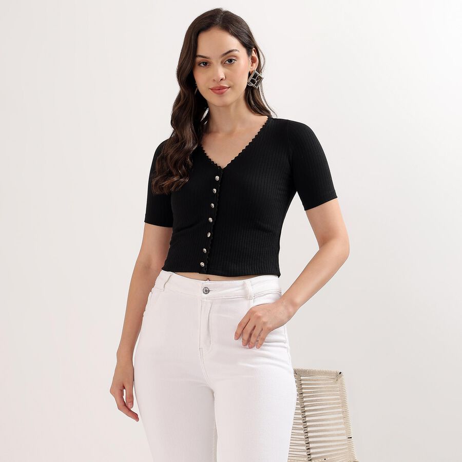 Women's Jet Black V-Neck Casual Crop Top, Black, large image number null