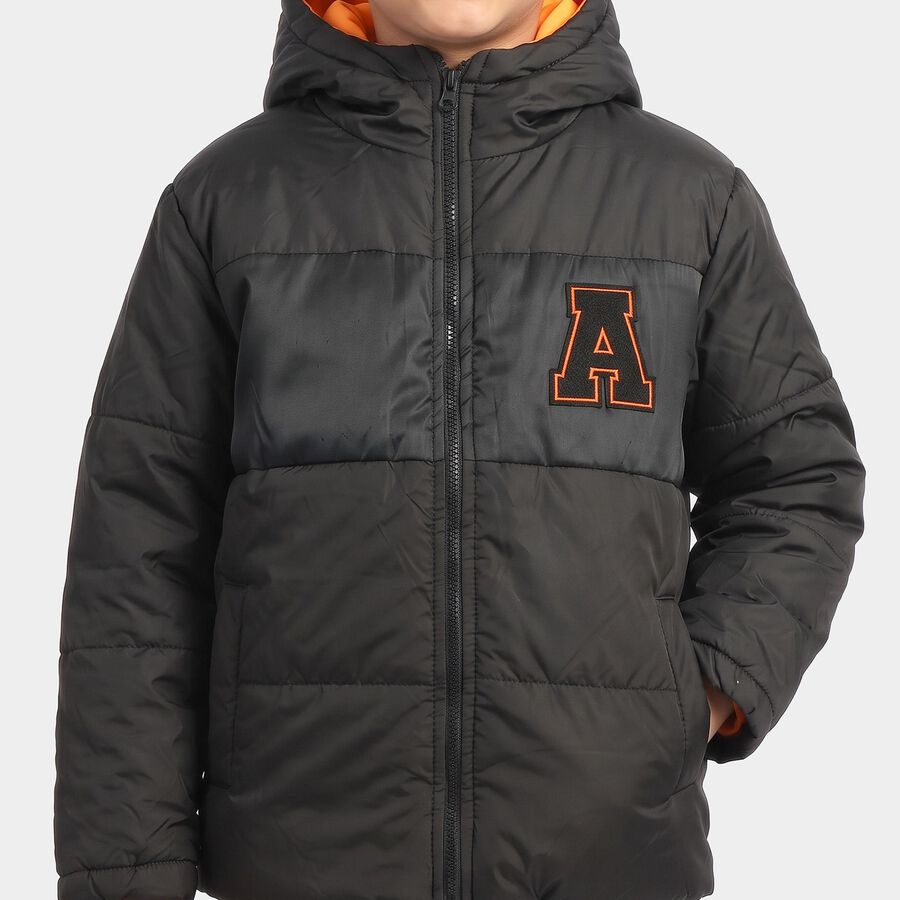 Boys Black Hooded Puffer Jacket, Black, large