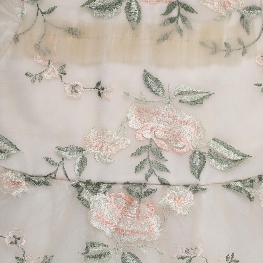 Girls' Beige Fit and Flare Lace Overlay Frock, गहरा पीला, large