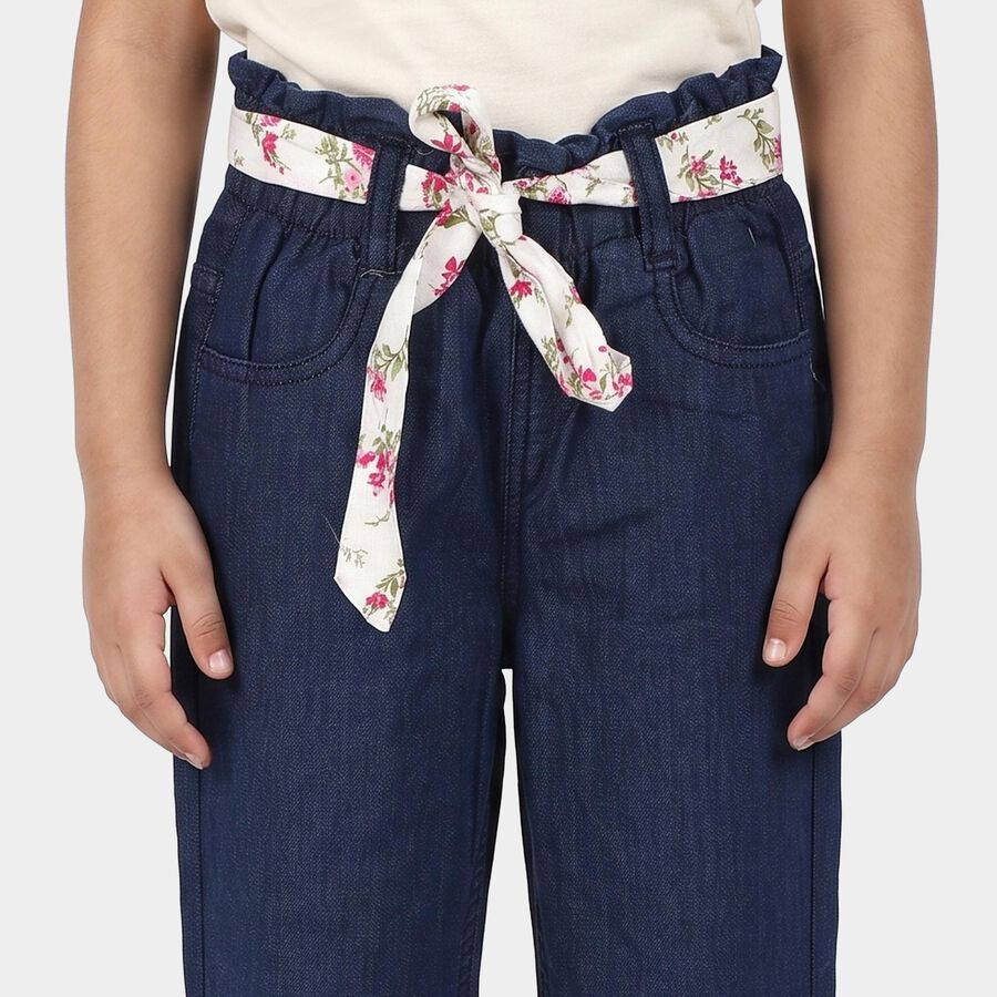 Girls' Navy Blue Straight Fit Embroidered Jeans, गहरा नीला, large
