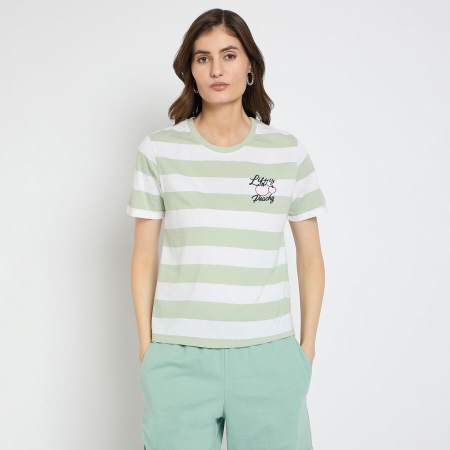 Ladies'  Stripes Round Neck T-Shirt, Light Green, large image number null