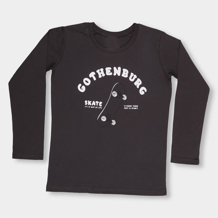 Boys' Dark Grey Round Neck Printed T-Shirt, Dark Grey, large image number null