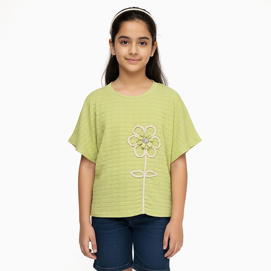 Girls Light Sage Green Round Neck Casual T-Shirt, हल्का हरा, large