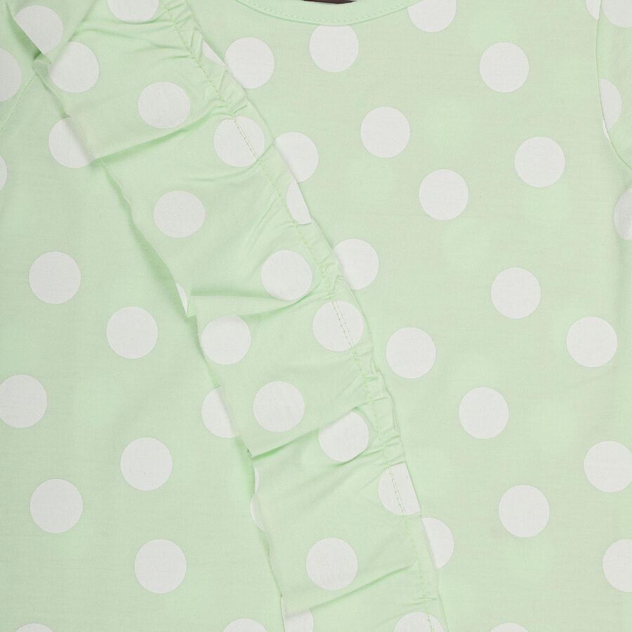 Girls' Light Sage Green Cotton Round Neck Ruffle Sleeve Polka Dot Top, हल्का हरा, large image number null