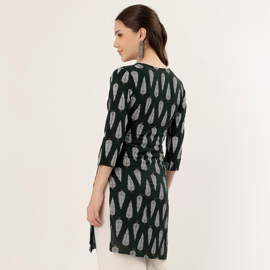 Women's Green Mandarin Collar Printed Straight Kurta, Dark Green, large