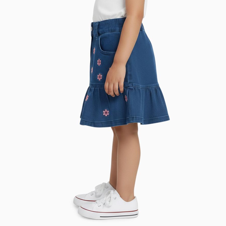 Girls' Deep Denim Blue Embroidered Flared Skirt, मध्यम नीला, large