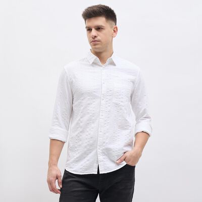 Men's White Cotton Full Sleeve Classic Collar Textured Shirt