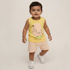 Infants Bright Yellow Cotton Round Neck Casual Sleeveless Top and Peach Shorts Set, Yellow, small image number null